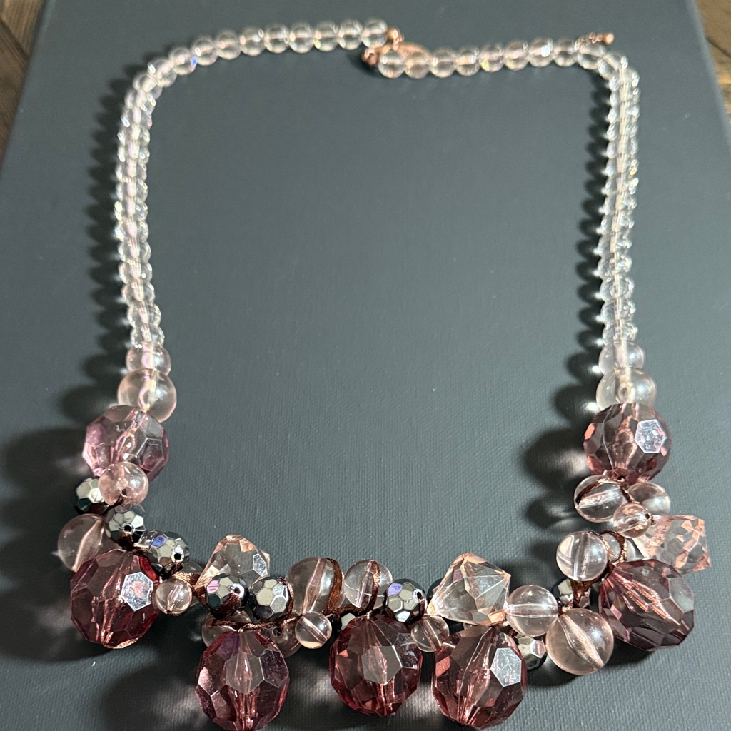 Vintage Signed Mark Crackle Lucite Glass Facet Necklace 19” Adjustable Statement